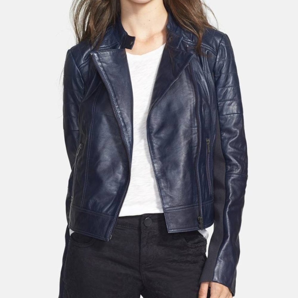 Halogen Navy Leather Moto Jacket